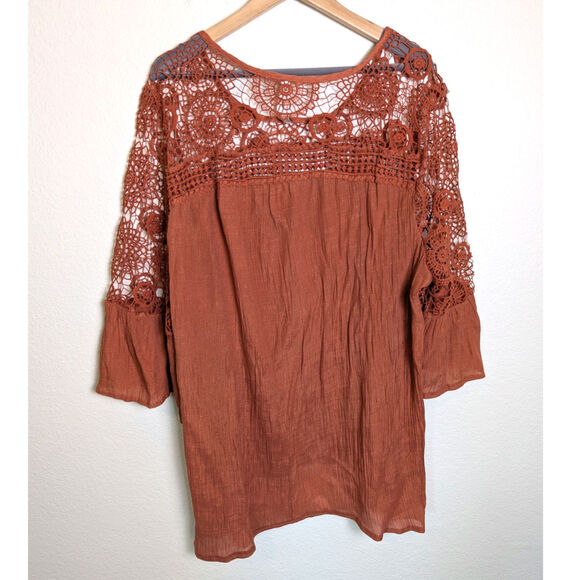 Forgotten Grace Women 3X Crochet Lace Boho Peasant Tunic Top Rust Orange Plus - Picture 2 of 10